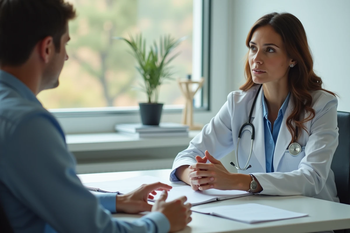 Médecin expliquant avec transparence les limites de son diagnostic à un patient lors d'une consultation