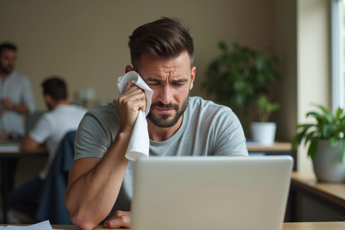 Homme en bureau transpirant abondamment après un effort minimal, épongeant son front avec un mouchoir