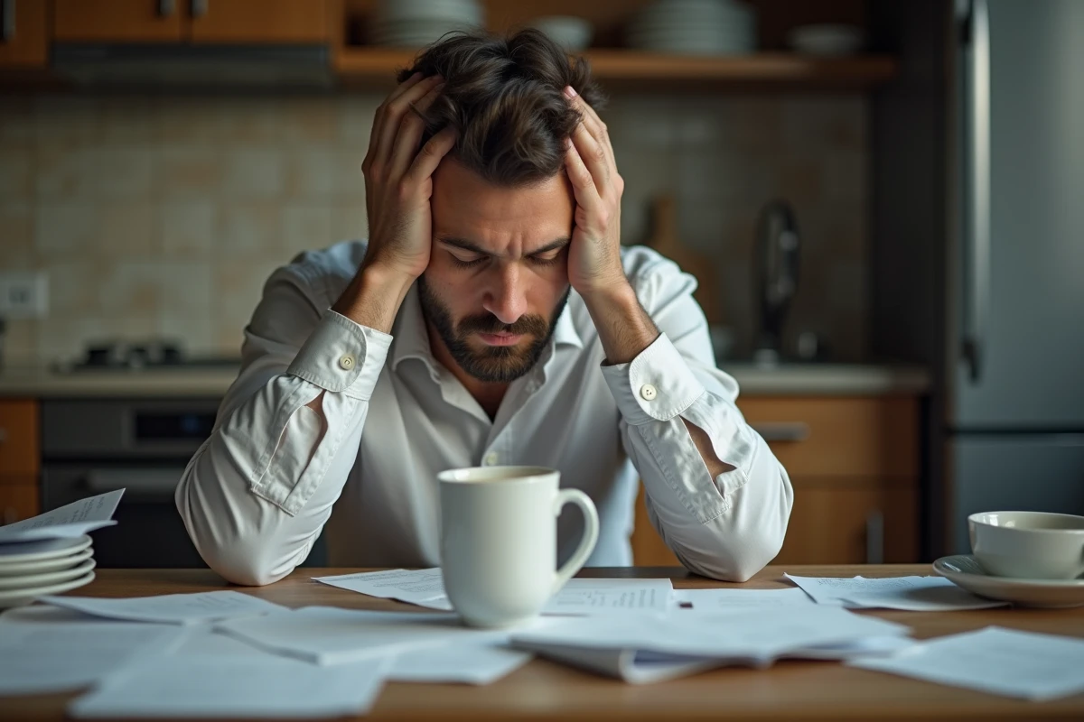 Jeune homme épuisé la tête dans les mains à une table de cuisine encombrée, représentant la détresse psychologique et les troubles mentaux au quotidien