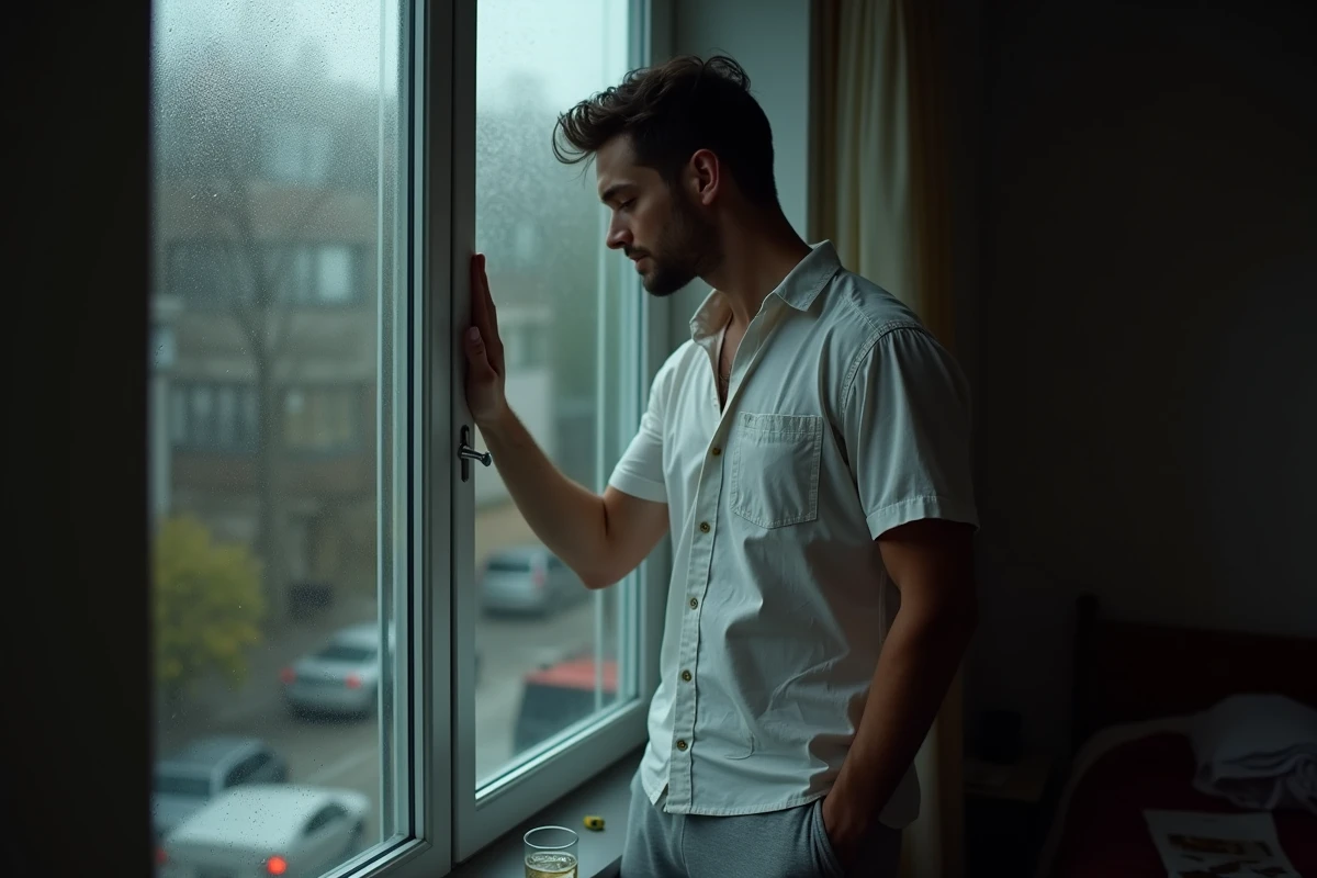 Homme debout face à une fenêtre sous la pluie dans un appartement en désordre, reflétant l'état psychologique difficile des troubles mentaux graves
