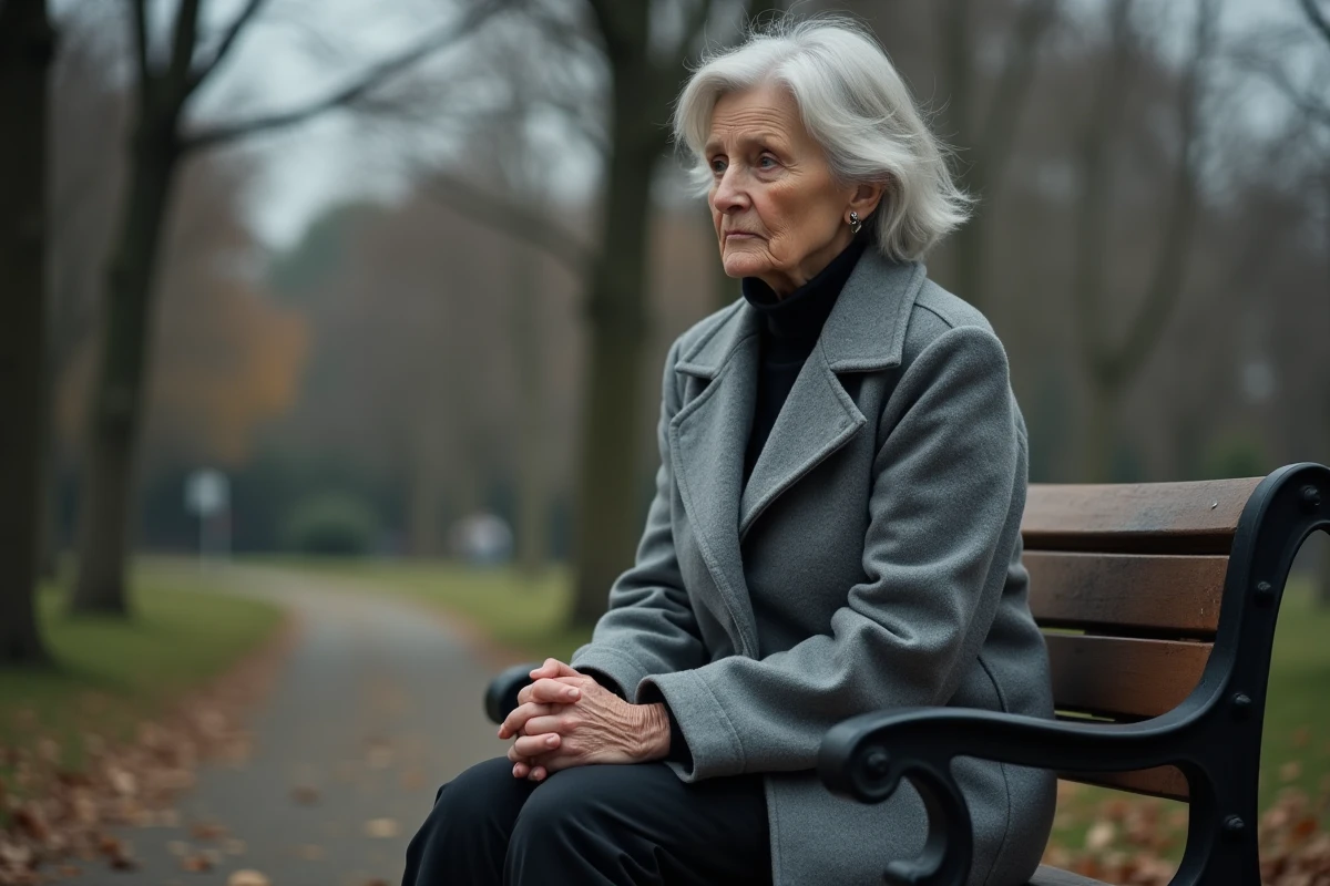 Femme d'âge mûr assise seule sur un banc en bois dans un parc automnal, regard perdu dans le vide, illustrant l'isolement lié aux troubles mentaux