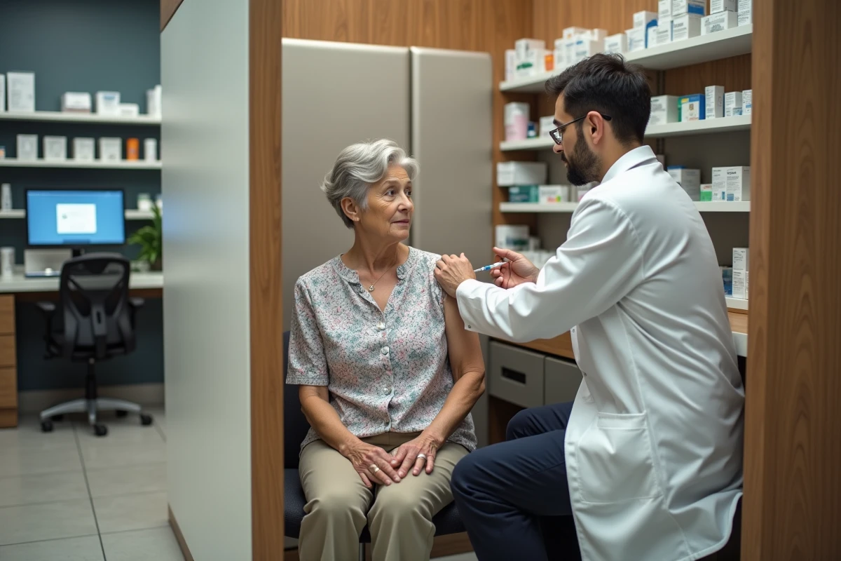 Femme âgée recevant un vaccin en pharmacie avec le bras découvert