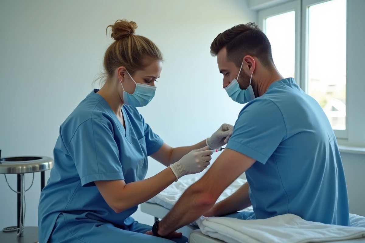 Professionnel de santé administrant un vaccin dans le bras d'un patient dans un cabinet médical