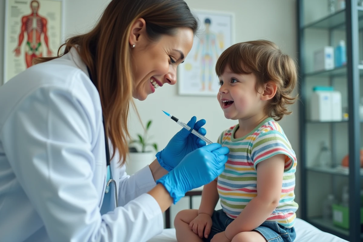 Pédiatre femme vaccinant un enfant en bas âge dans un cabinet médical, illustrant l'importance de la vaccination contre les maladies évitables