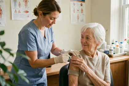 Une infirmière administre un vaccin à une femme âgée dans un cabinet médical, illustrant la recommandation de vaccination après 65 ans