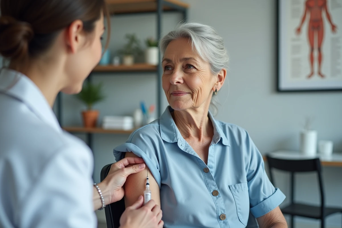 Une femme âgée reçoit un vaccin contre le zona chez son médecin généraliste