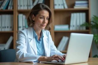 Médecin femme vérifiant le numéro ADELI d'un confrère sur un ordinateur portable dans un cabinet médical