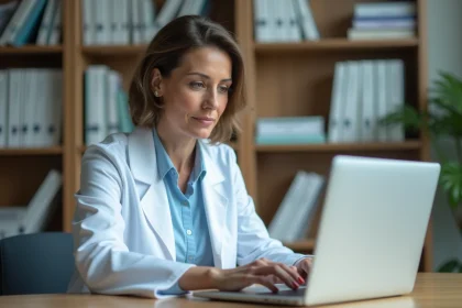 Médecin femme vérifiant le numéro ADELI d'un confrère sur un ordinateur portable dans un cabinet médical