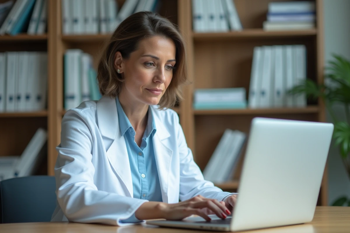 Médecin femme vérifiant le numéro ADELI d'un confrère sur un ordinateur portable dans un cabinet médical