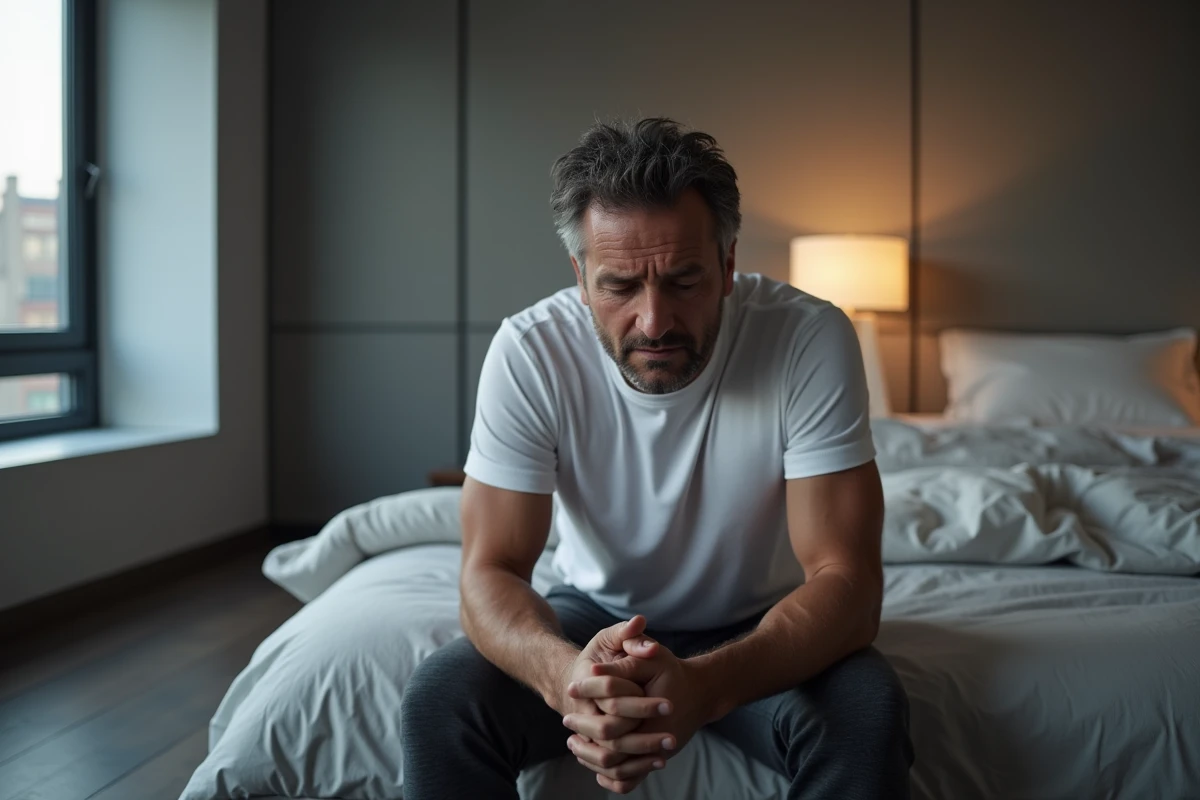 Homme assis au bord du lit au réveil, perplexe, ressentant des sensations inhabituelles dans le corps comme des vibrations