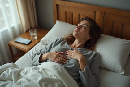 Femme au réveil ressentant des vibrations dans le corps, allongée dans son lit les mains sur la poitrine avec une expression introspective