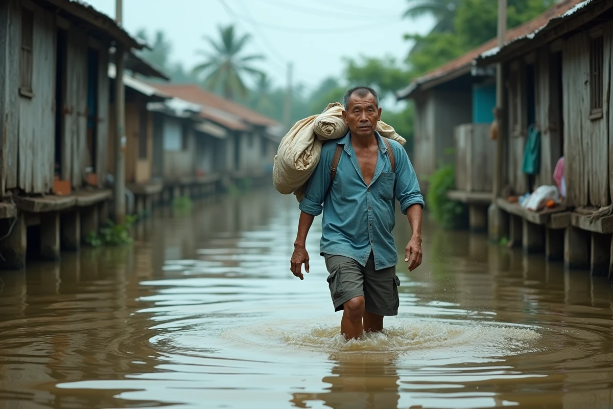 Homme traversant un village côtier inondé en Asie du Sud-Est, conséquence de la montée des eaux liée au changement climatique