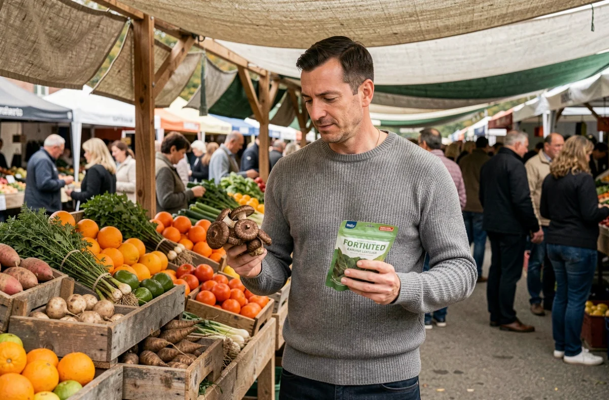 Homme examinant des champignons shiitake et des légumes verts au marché fermier pour compenser une carence en vitamine D