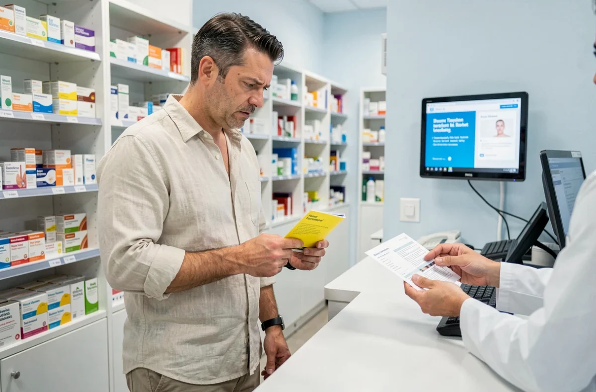 Voyageur consultant son carnet de vaccination international en pharmacie avant un départ pour la Tanzanie