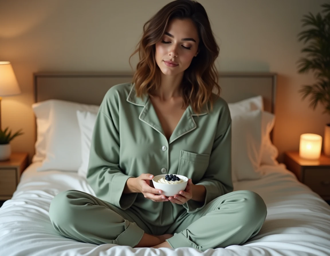 Femme en pyjama mangeant un yaourt grec dans son lit avant de dormir pour brûler les graisses