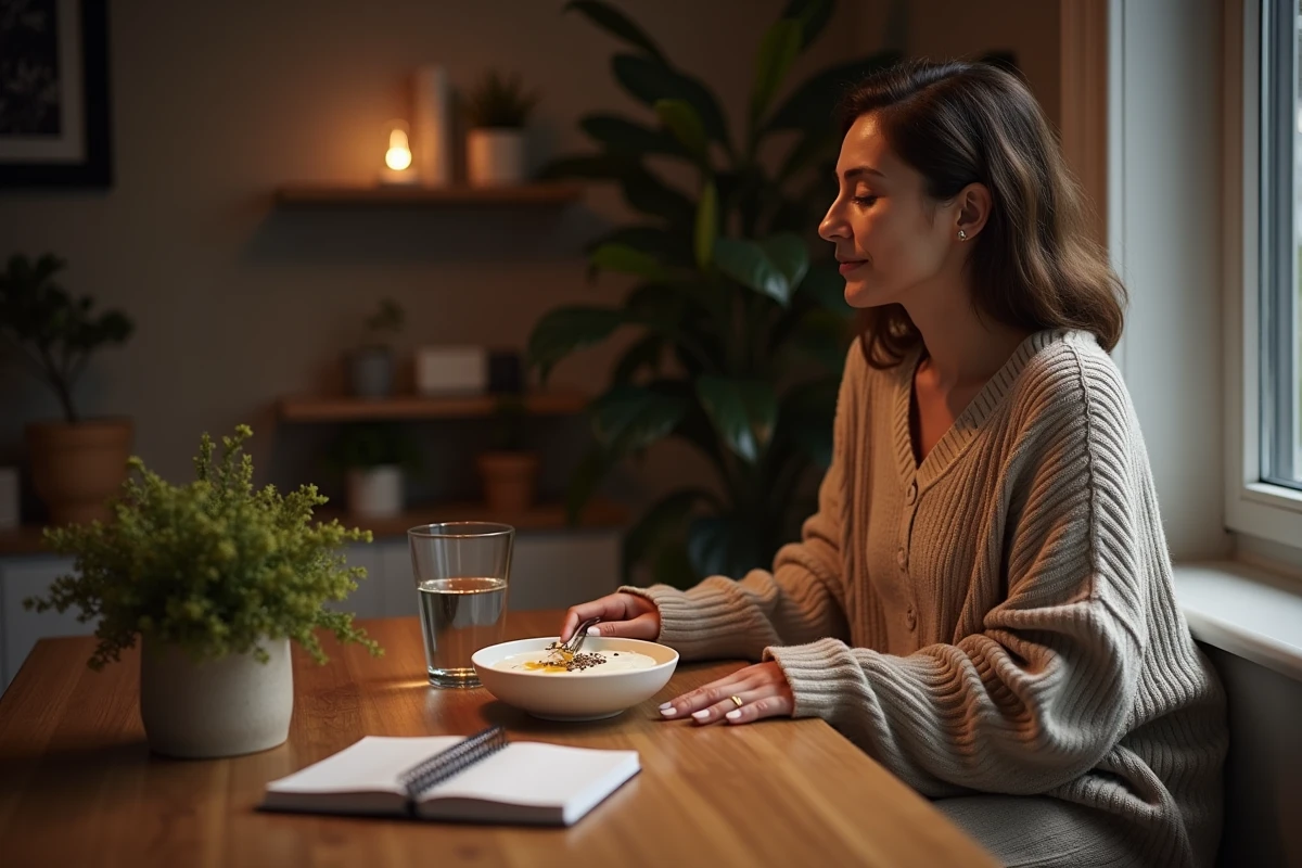Femme dégustant un yaourt aux graines de chia le soir dans une ambiance cosy pour brûler les graisses la nuit