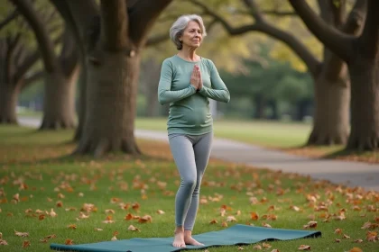 Femme de 65 ans pratiquant le yoga en plein air dans un parc en automne